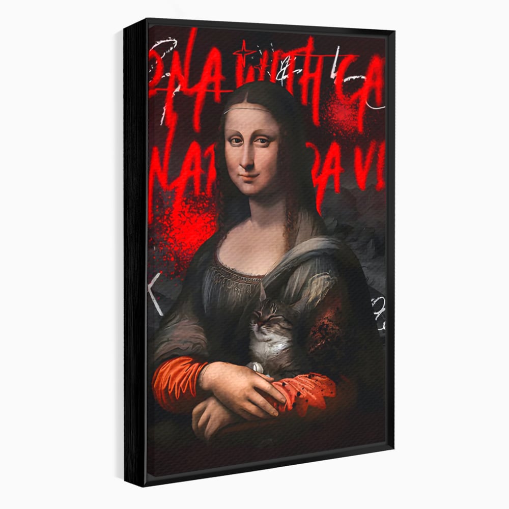 Tablou canvas cu tablou canvas cu mona lisa si o pisica, in rama de aluminiu negru